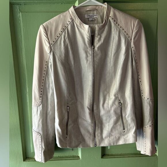 New LaMarque Tan Leather Linen moto biker studded zips Jacket small - Picture 1 of 13